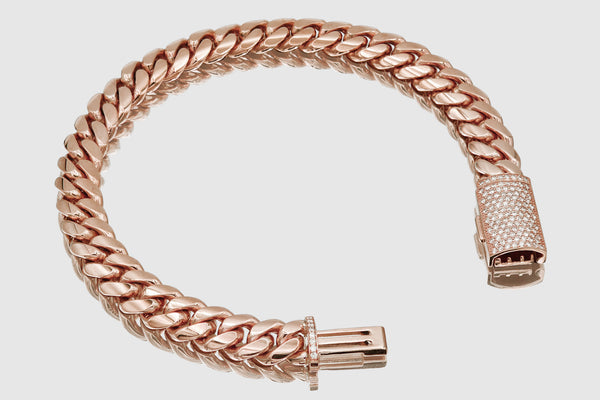 9mm Solid Miami Cuban Diamond Lock Bracelet 10k / 14k / 18k / 22k Rose (Pink) Gold | Uverly