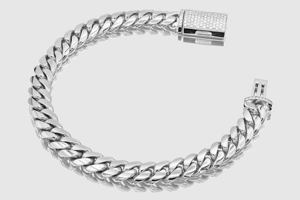 9mm Solid Miami Cuban Diamond Lock Bracelet 10k / 14k / 18k / 22k White Gold | Uverly