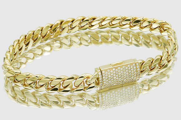 9mm Solid Miami Cuban Diamond Lock Bracelet 10k / 14k / 18k / 22k Yellow Gold | Uverly