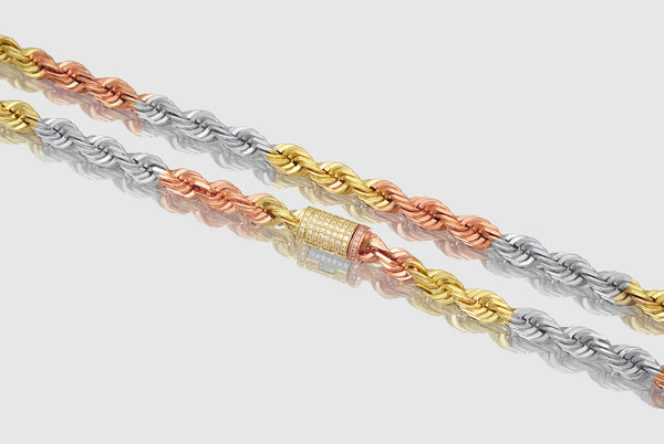 6mm Rope Chain - Diamond Lock - 14k Tri-Color Gold | Uverly
