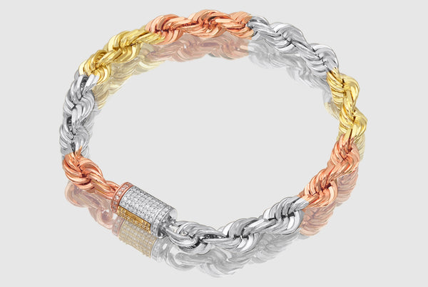 7.5mm Rope Bracelet - Diamond Lock - 14k Tri-Color Gold | Uverly