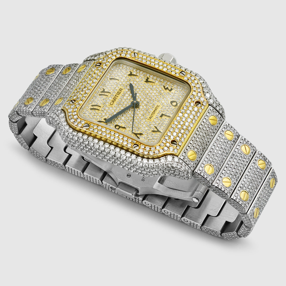 Iced Out Cartier Santos 35mm Two-Tone Medium Watch 15.5ct. | Uverly