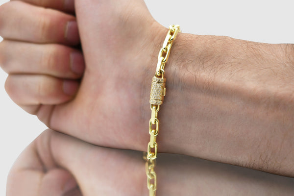 5mm Solid Heavy Cable Link Yellow Gold Diamond Lock Bracelet | Uverly