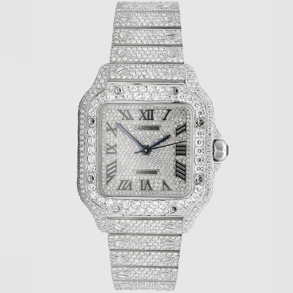 Iced Out Cartier Santos 35mm Medium Diamond Watch 15.5ct.