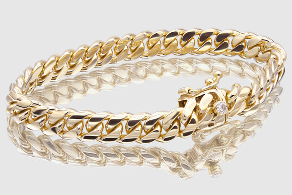 9mm Solid Miami Cuban Yellow Gold Diamond Button Bracelet | Uverly