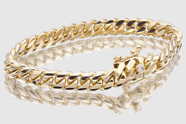 9mm Solid Miami Cuban Yellow Gold Diamond Button Bracelet | Uverly