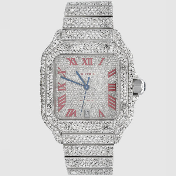 Iced Out Cartier Santos 40mm Diamond Red Dial Watch 22.6ct | Uverly