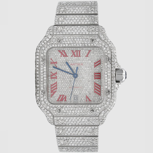 Iced Out Cartier Santos 40mm Diamond Red Dial Watch 22.6ct | Uverly