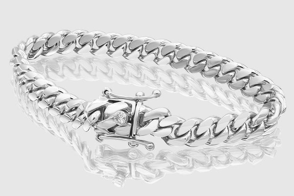 9mm Solid Miami Cuban White Gold Diamond Button Bracelet | Uverly