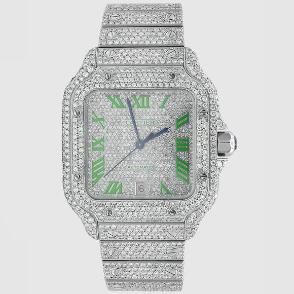 Iced Out Cartier Santos 40mm Diamond Green Dial Watch 22.6ct | Uverly