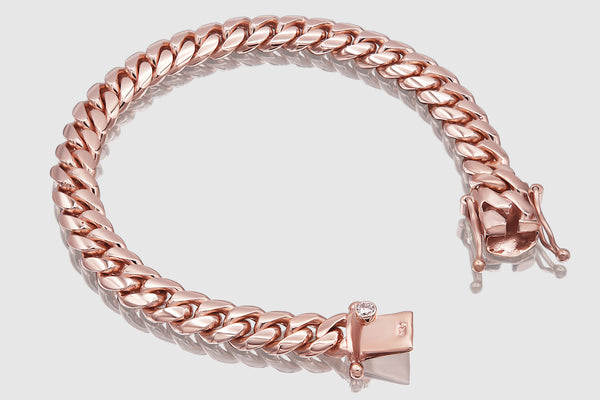 9mm Solid Miami Cuban Rose Pink Gold Diamond Button Bracelet | Uverly