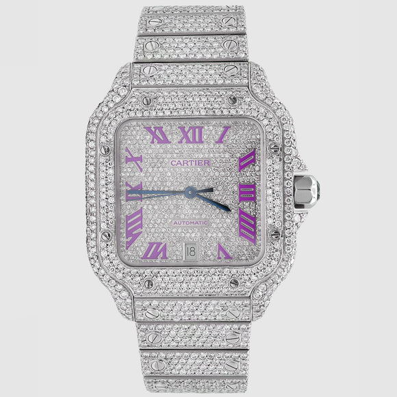 Iced Out Cartier Santos 40mm Diamond Purple Dial Watch 22.6ct | Uverly