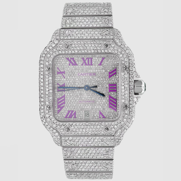 Iced Out Cartier Santos 40mm Diamond Purple Dial Watch 22.6ct | Uverly