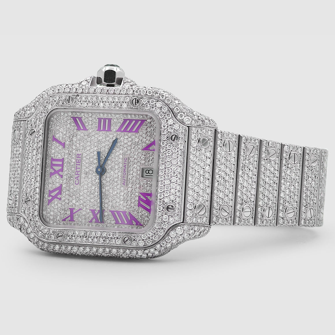 Iced Out Cartier Santos 40mm Diamond Purple Dial Watch 22.6ct | Uverly