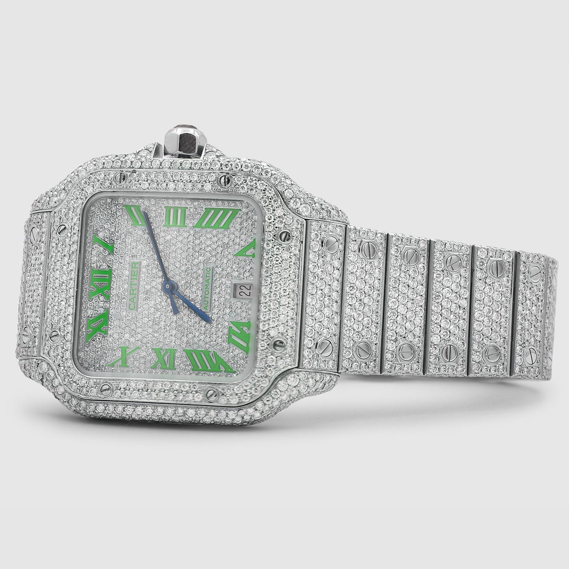 Iced Out Cartier Santos 40mm Diamond Green Dial Watch 22.6ct | Uverly
