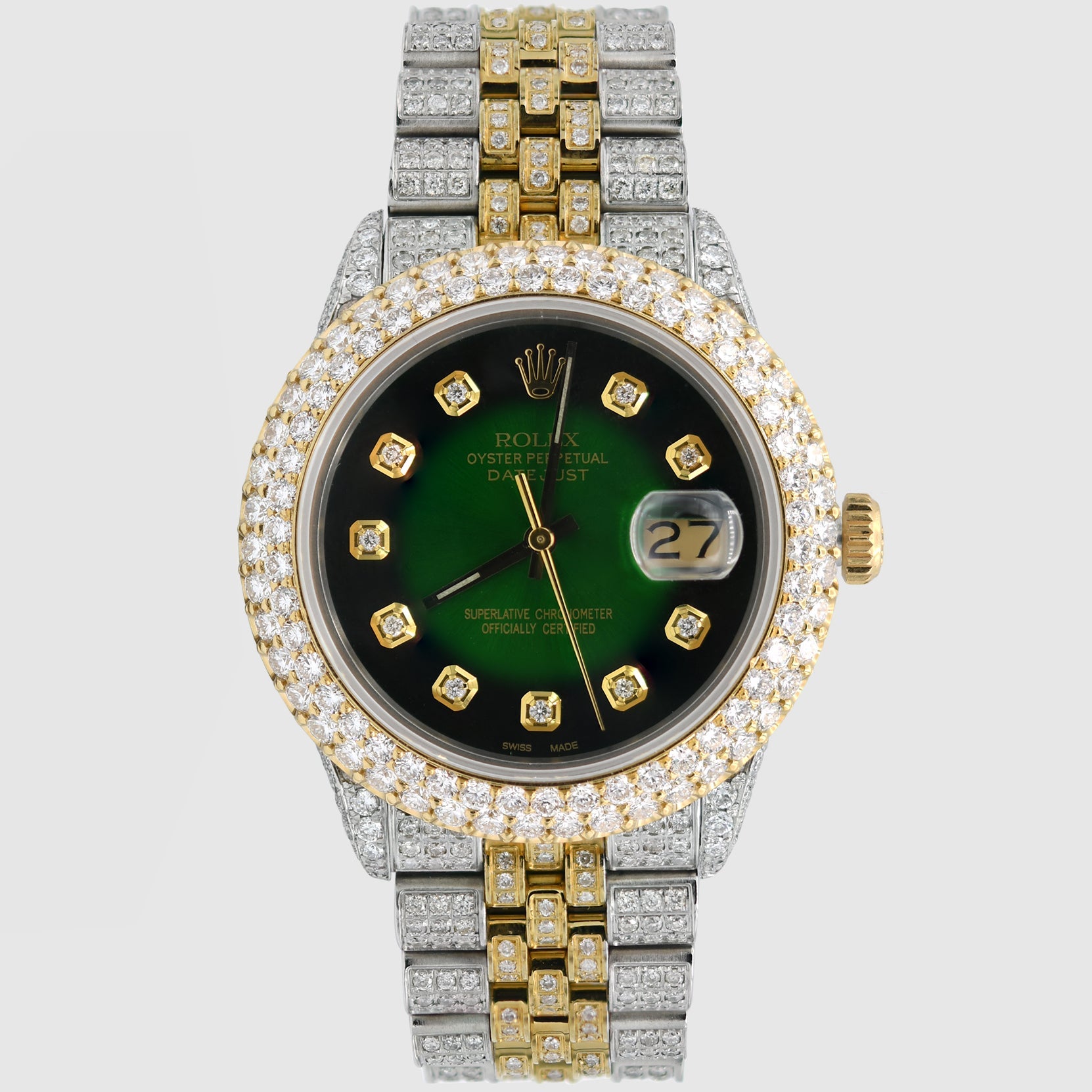 Iced Out Rolex DateJust 36mm Two-Tone Green Dial Uverly