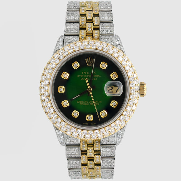 Iced Out Rolex DateJust 36mm Two-Tone Green Dial 12.2ct.