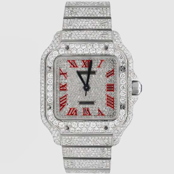 Iced Out Cartier Santos 35mm Medium Red Watch 15.5ct. | Uverly