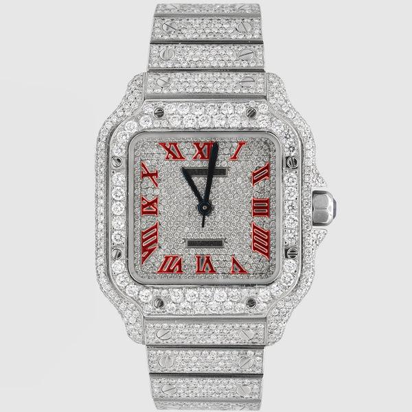 Iced Out Cartier Santos 35mm Medium Red Watch 15.5ct. | Uverly