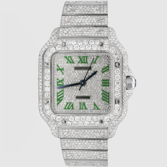 Iced Out Cartier Santos 35mm Medium Green Watch 15.5ct. | Uverly