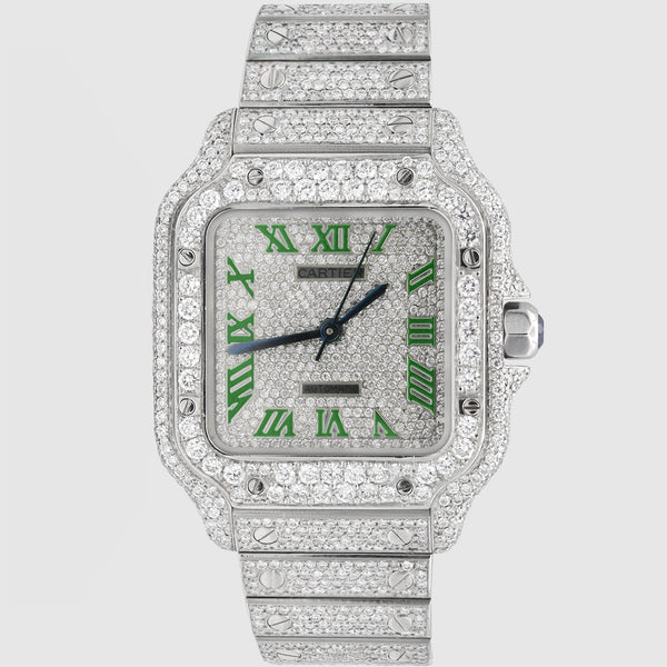 Iced Out Cartier Santos 35mm Medium Green Watch 15.5ct. | Uverly