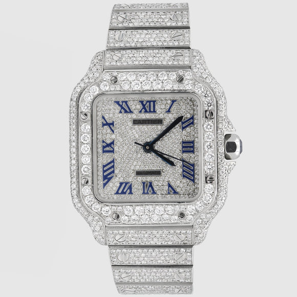 Iced Out Cartier Santos 35mm Medium Blue Watch 15.5ct.