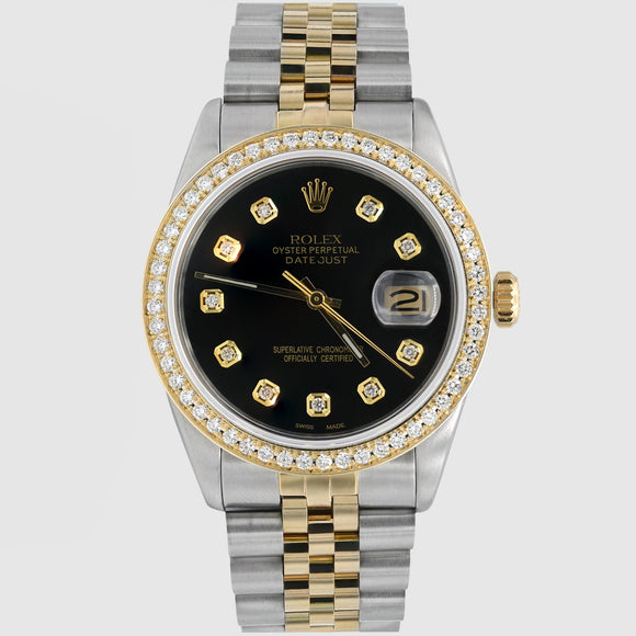 Diamond Rolex DateJust 36mm Two-Tone Black Dial Watch