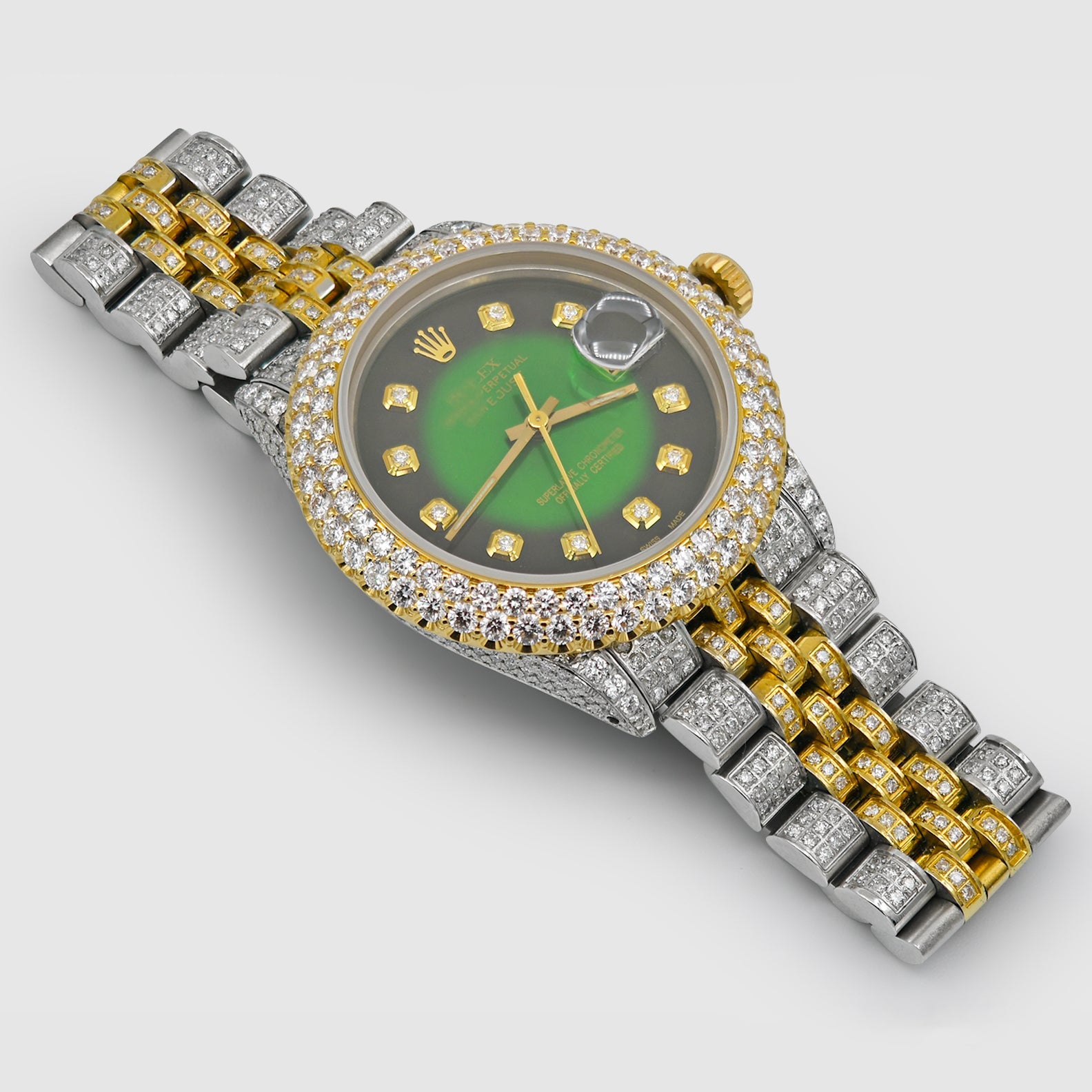 dinosaurus Glimte forsætlig Iced Out Rolex DateJust 36mm Two-Tone Green Dial 12.2ct. | Uverly