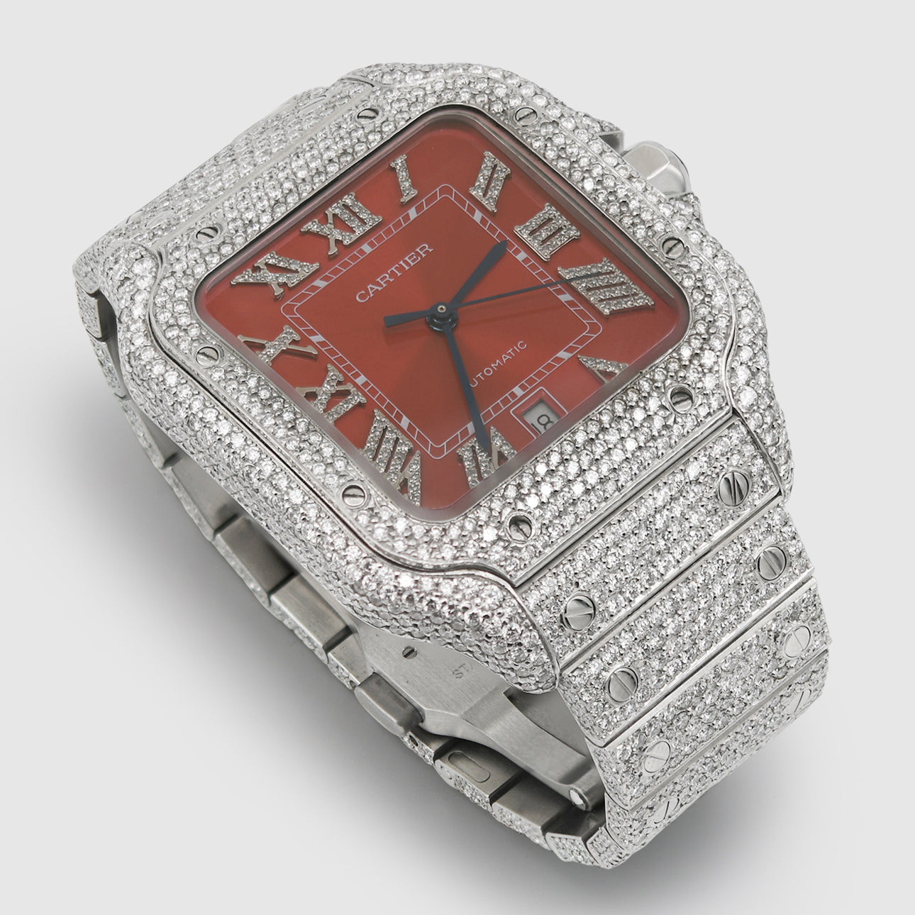 Out Cartier Santos 40mm Diamond Red Dial Watch | Uverly