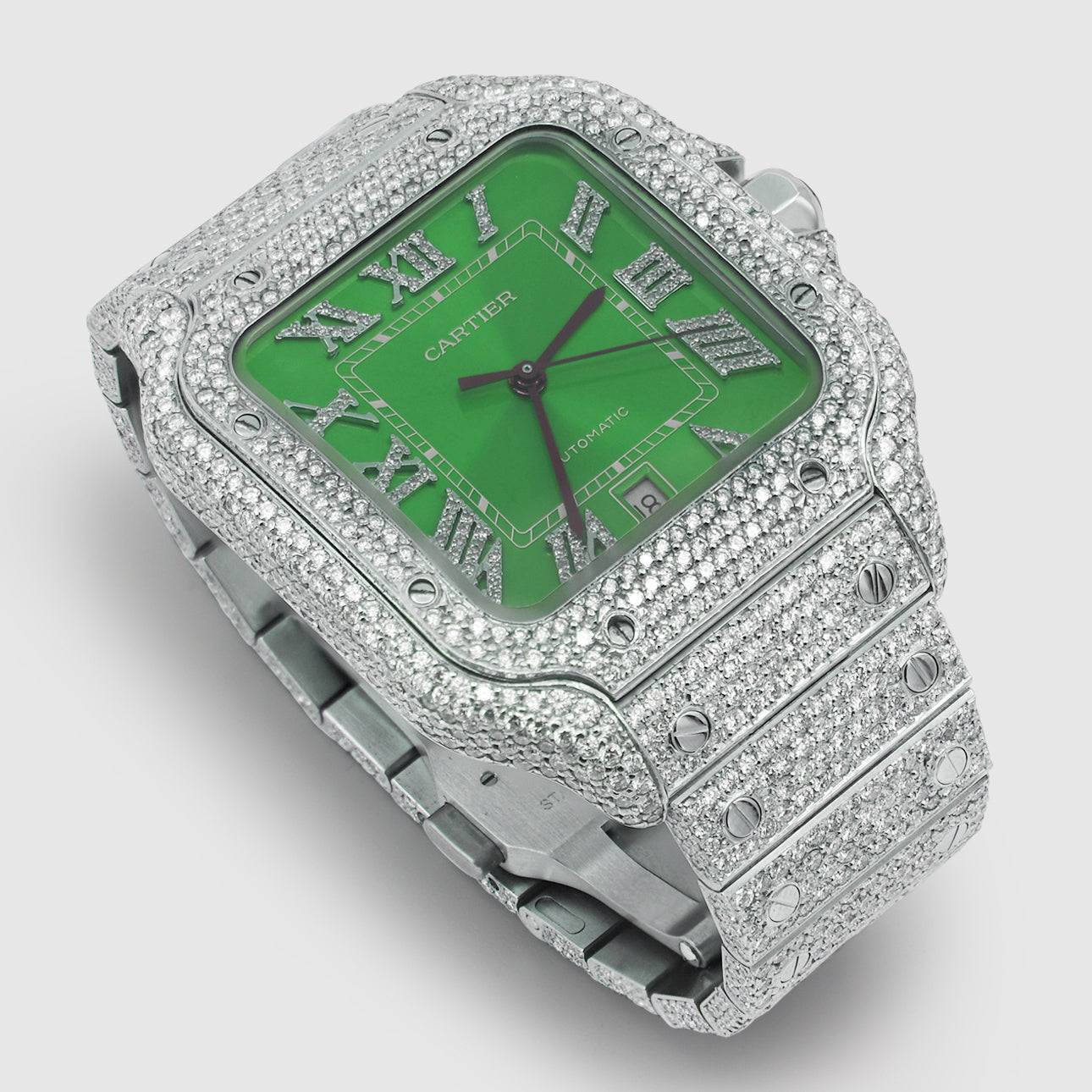 Iced Out Cartier Santos 40mm Diamond Green Dial Watch Uverly