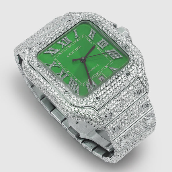 Iced Out Cartier Santos 40mm Diamond Green Dial Watch | Uverly