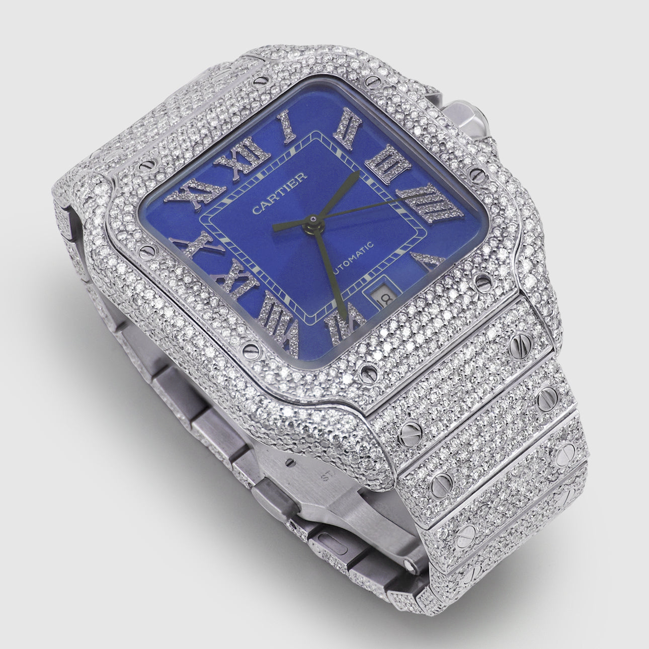 Iced Out Cartier Santos 40mm Diamond Blue Dial Watch Uverly