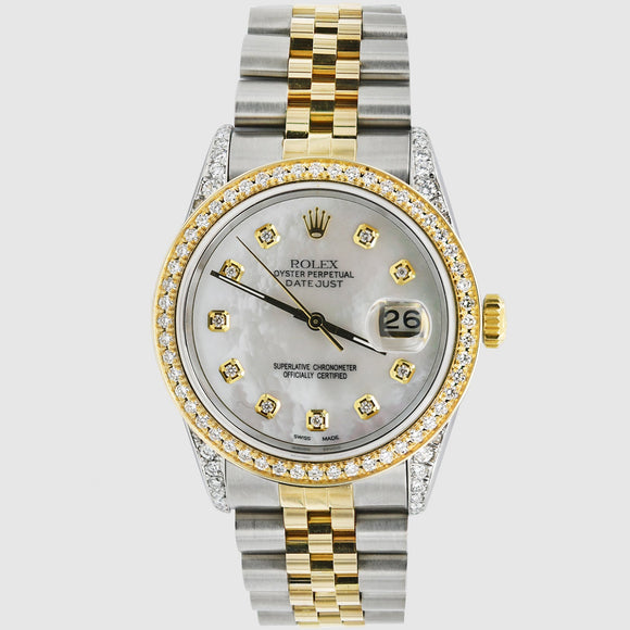 Diamond Rolex DateJust 36mm Two-Tone Grey MOP Dial Watch
