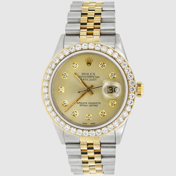 Diamond Rolex DateJust 36mm Two-Tone Champagne Dial Watch