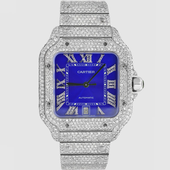 Iced Out Cartier Santos 40mm Diamond Blue Dial Watch | Uverly