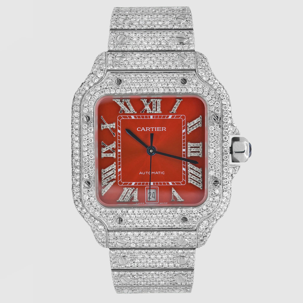 Iced Out Cartier Santos 40mm Diamond Red Dial Watch Uverly