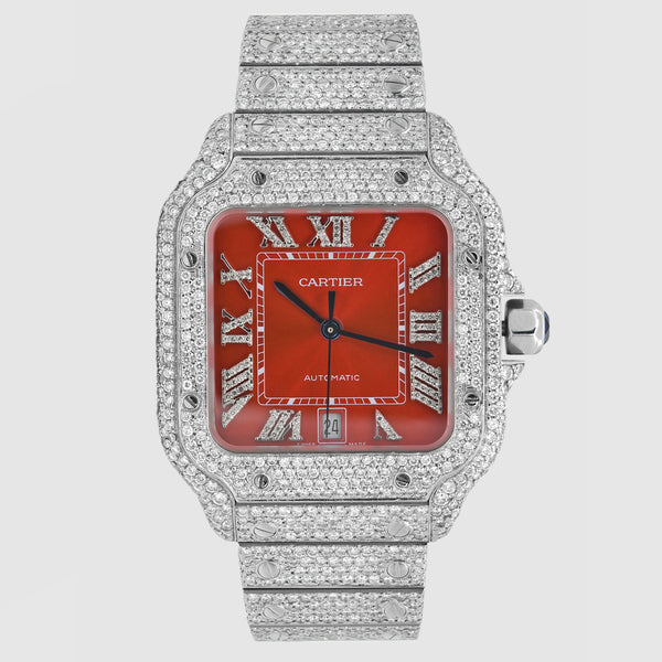 Iced Out Cartier Santos 40mm Diamond Red Dial Watch | Uverly