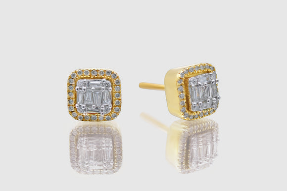 0.5 Ct Small Cluster Square Baguette Diamond Yellow Gold Earrings | Uverly
