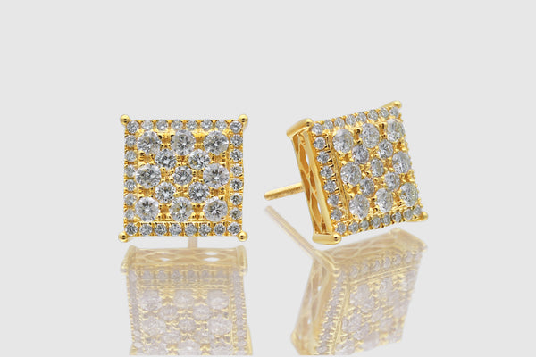 1.5 Ct Large Cluster Square Diamond Yellow Gold Earrings | Uverly