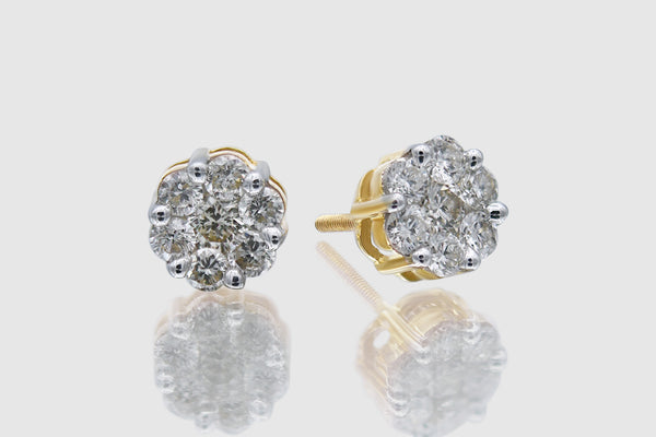 1 Ct 7-Stone Medium Cluster Flower Diamond Earrings Yellow Gold | Uverly