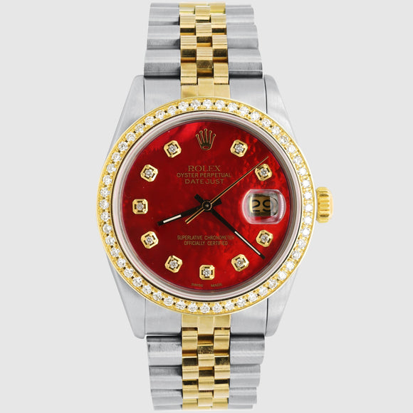 Diamond Rolex DateJust 36mm Two-Tone Red Dial Watch