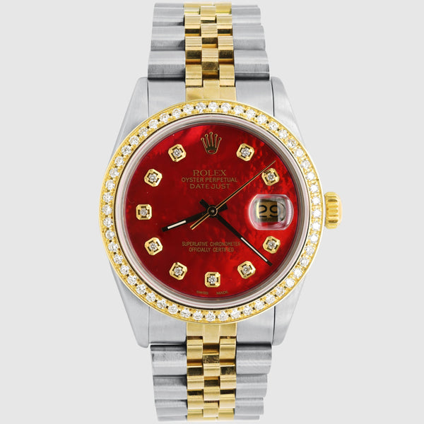 Diamond Rolex DateJust 36mm Two-Tone Red Dial Watch