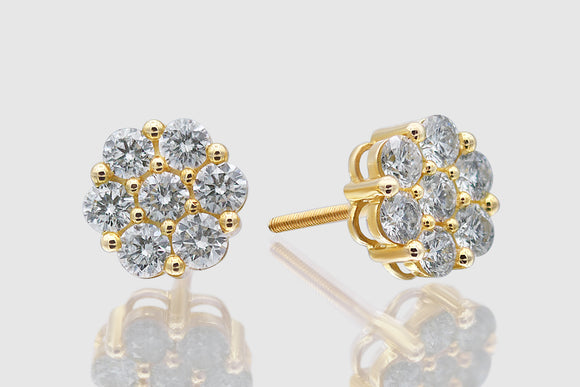 1.6 Ct 7-Stone Medium Cluster Flower Diamond Earrings Yellow Gold | Uverly