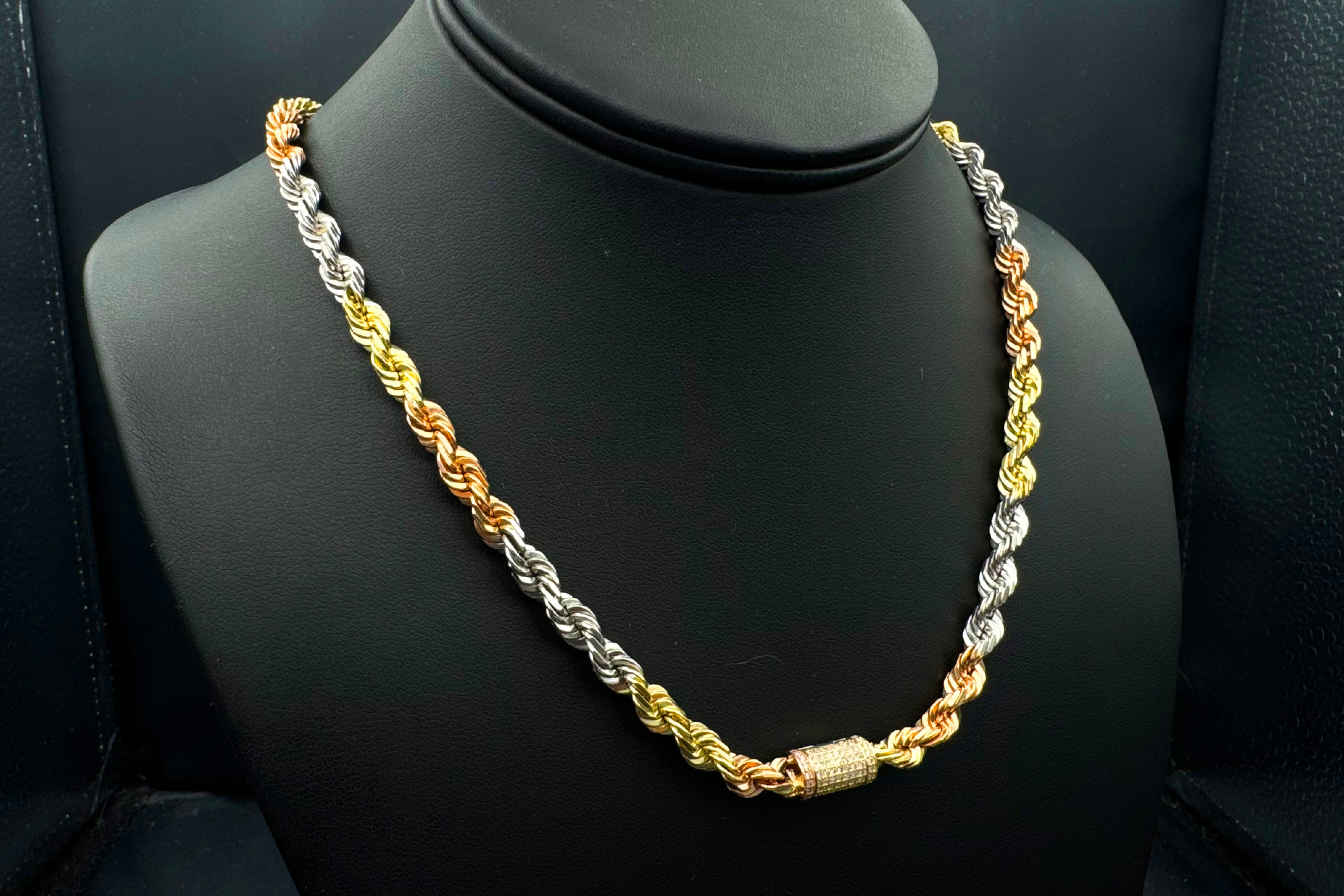6mm Rope Chain Diamond Lock 14k Tri-Color Gold Uverly