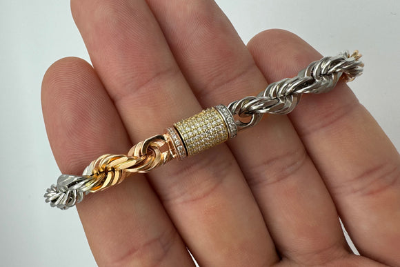 7.5mm Rope Bracelet - Diamond Lock - 14k Tri-Color Gold | Uverly