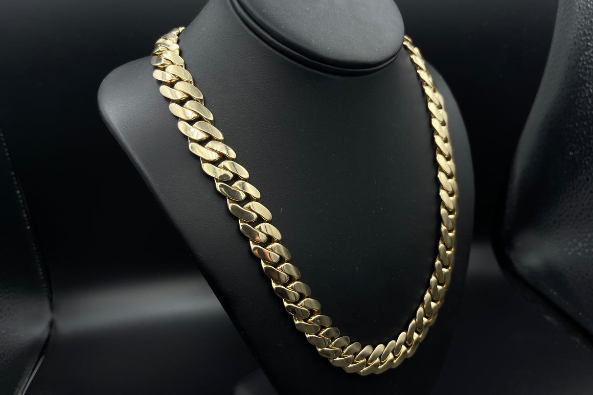 14mm Hollow 14K Miami Cuban Yellow Gold Flat Bracelet | Uverly