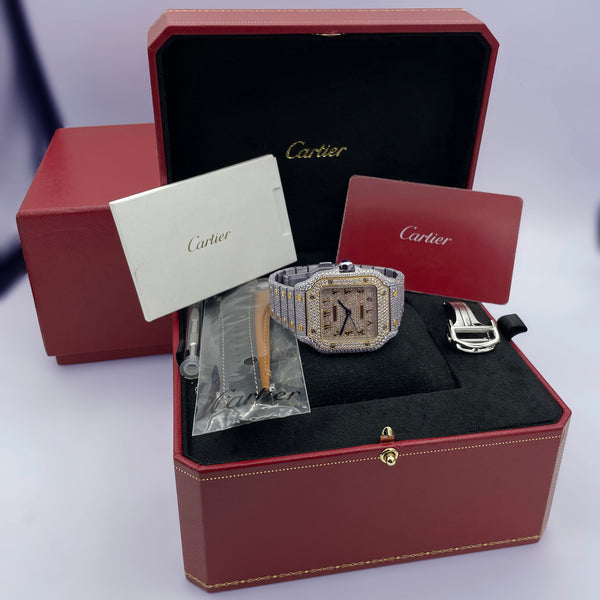 Iced Out Cartier Santos 35mm Two-Tone Medium Watch 15.5ct. | Uverly