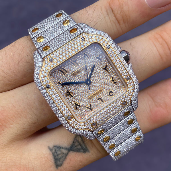Iced Out Cartier Santos 35mm Two-Tone Medium Watch 15.5ct. | Uverly