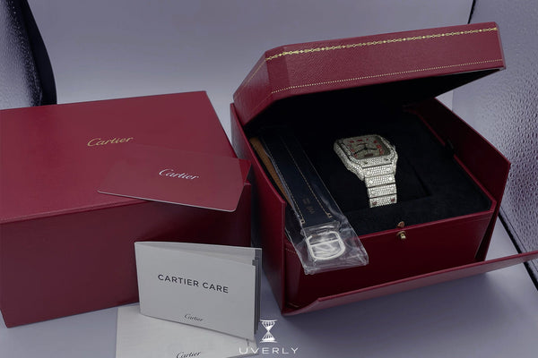 Iced Out Cartier Santos 40mm Diamond Red Dial Watch 22.6ct | Uverly