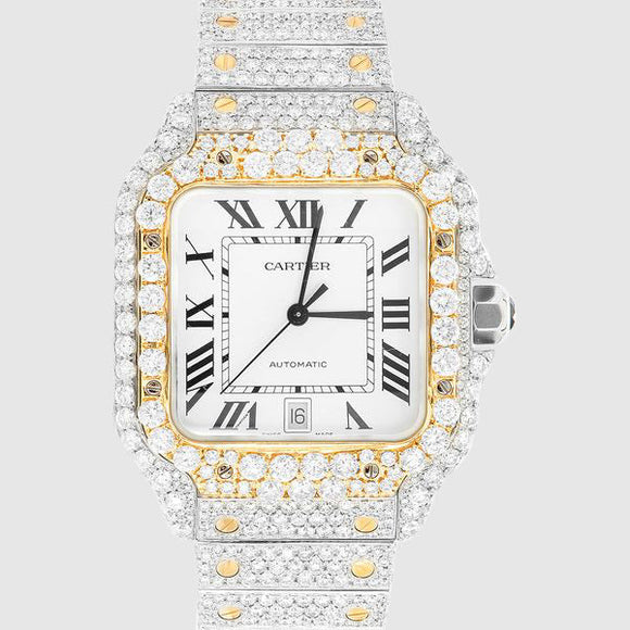 Iced Out Cartier Santos Two Tone 40mm Diamond Watch 22.5ct. | Uverly